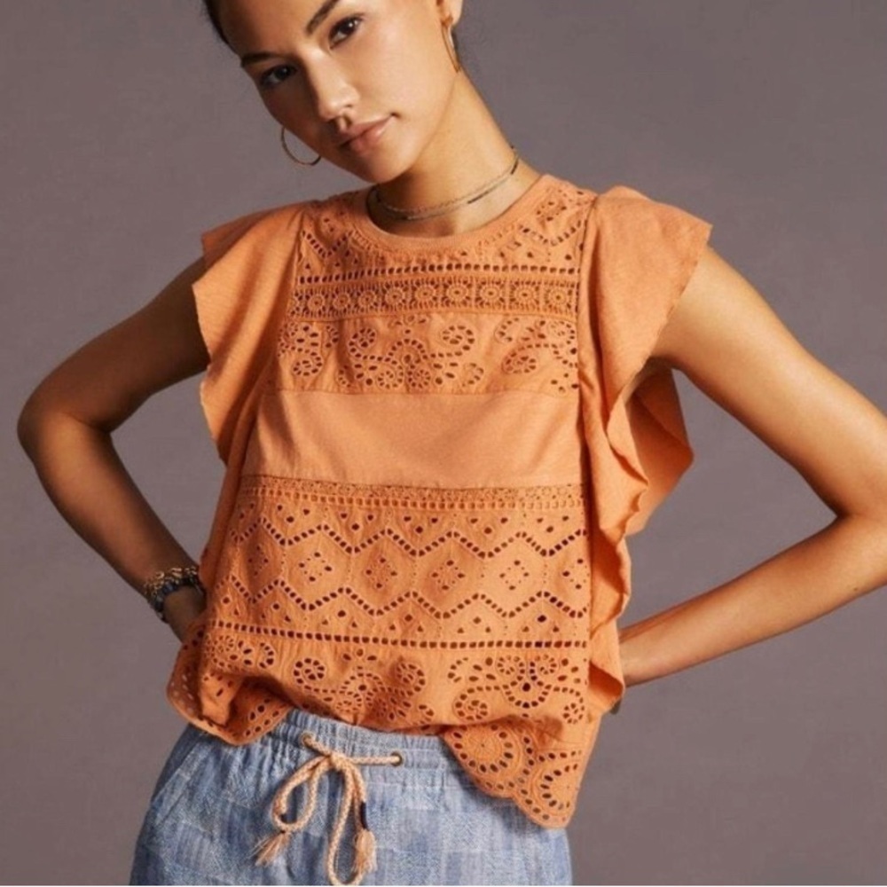 Anthropologie Women’s Orange Eyelet Embroidered Lace Tank Blouse Top‎ Size XS
